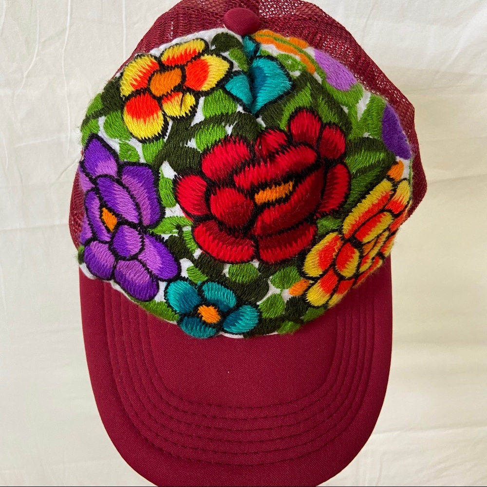 Hand embroidered floral Mexican trucker hat